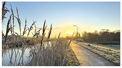 winterse ochtend zonsopkomst op de dijk