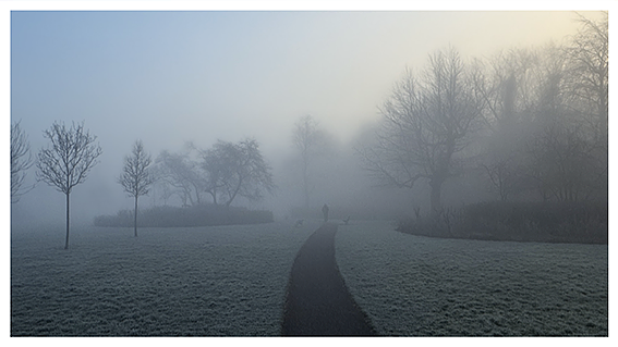 Seringenpark in de ochtendmist