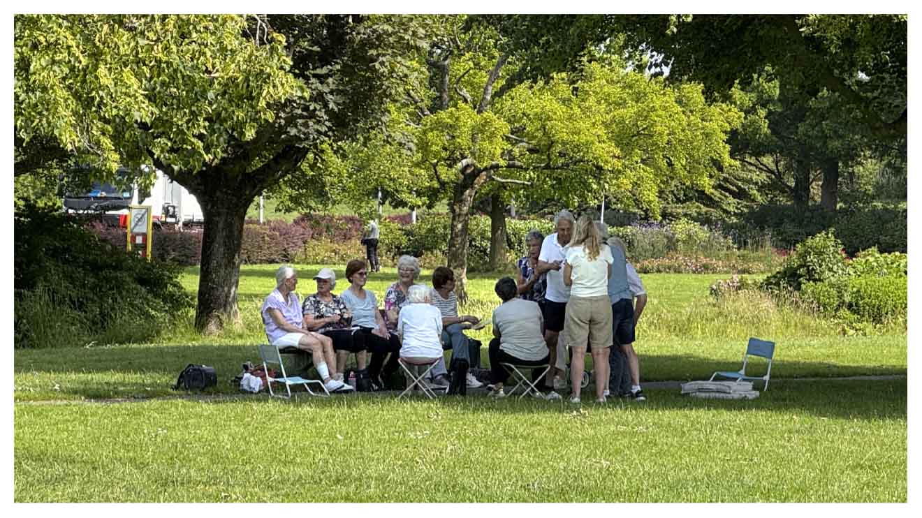 een groep ouderen drinkt na het gymmen koffie in de schaduw van de boom in het seringenpark