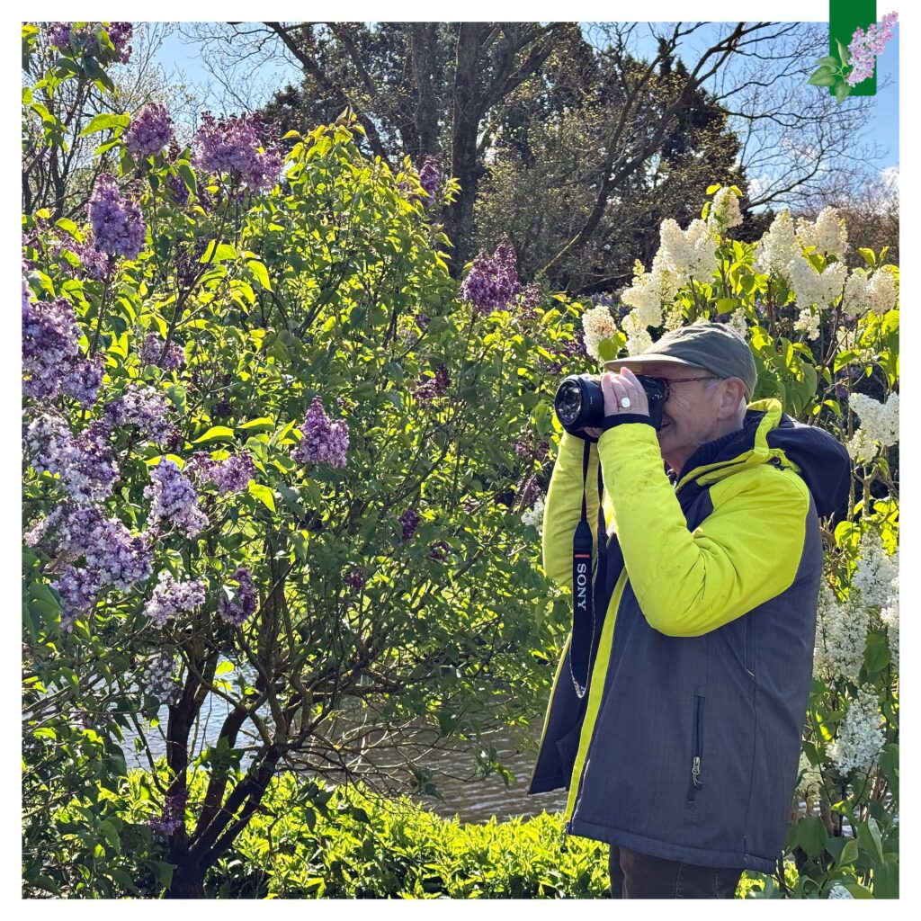 Portret van Sjaak Koningen. Sjaak staat tussen de bloeiende seringen en maakt per soort een foto.