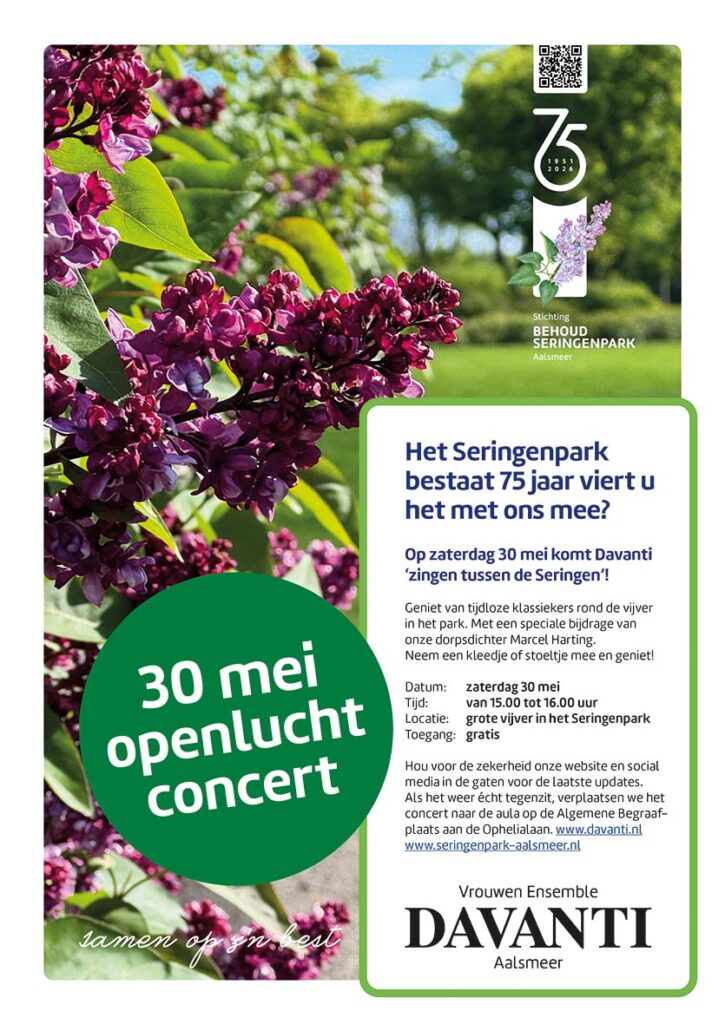Poster aankondiging openluchtconcert in het Seringenpark van aalsmeer op 30 mei 2026
