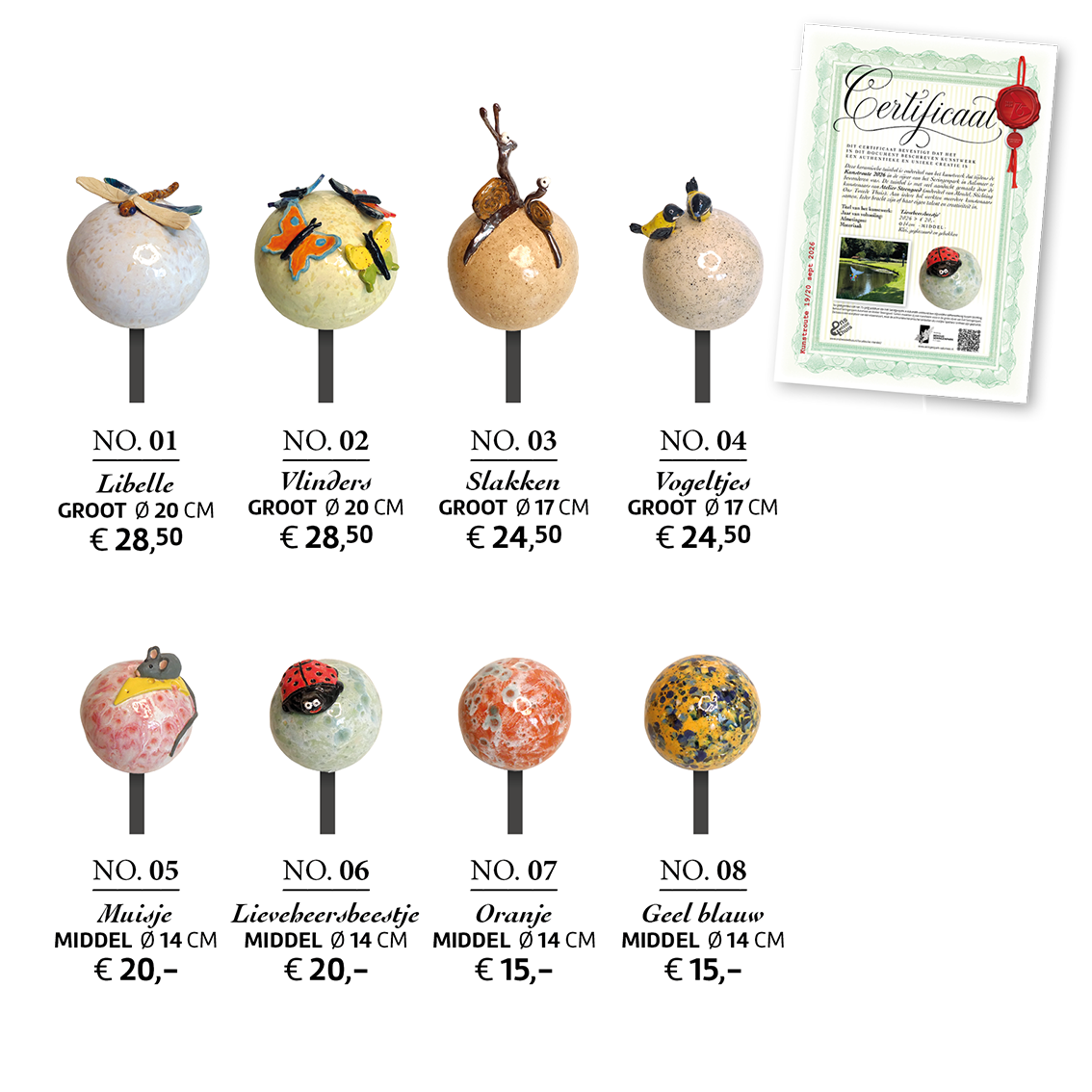 Alle keramische tuinbollen uit het kunstwerk op een rijtje. Inclusief de formaten en kosten per bol en een afbeelding van het certificaat.
